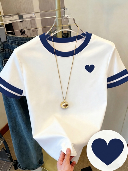 Damen T-Shirt mit Herz-Print und Kontraststreifen – Casual Streetwear Style