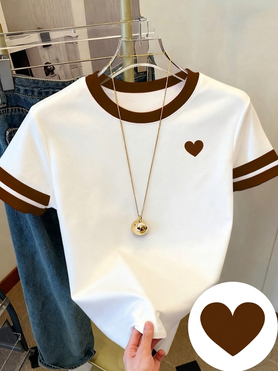 Damen T-Shirt mit Herz-Print und Kontraststreifen – Casual Streetwear Style