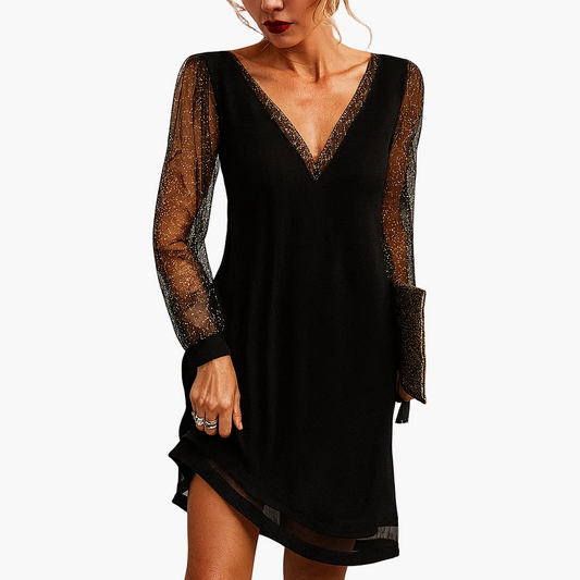 Damen Partykleid mit Glitzer-Tüllärmeln und V-Ausschnitt – Elegantes Abendkleid für festliche Anlässe