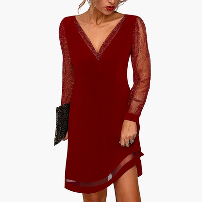 Damen Partykleid mit Glitzer-Tüllärmeln und V-Ausschnitt – Elegantes Abendkleid für festliche Anlässe