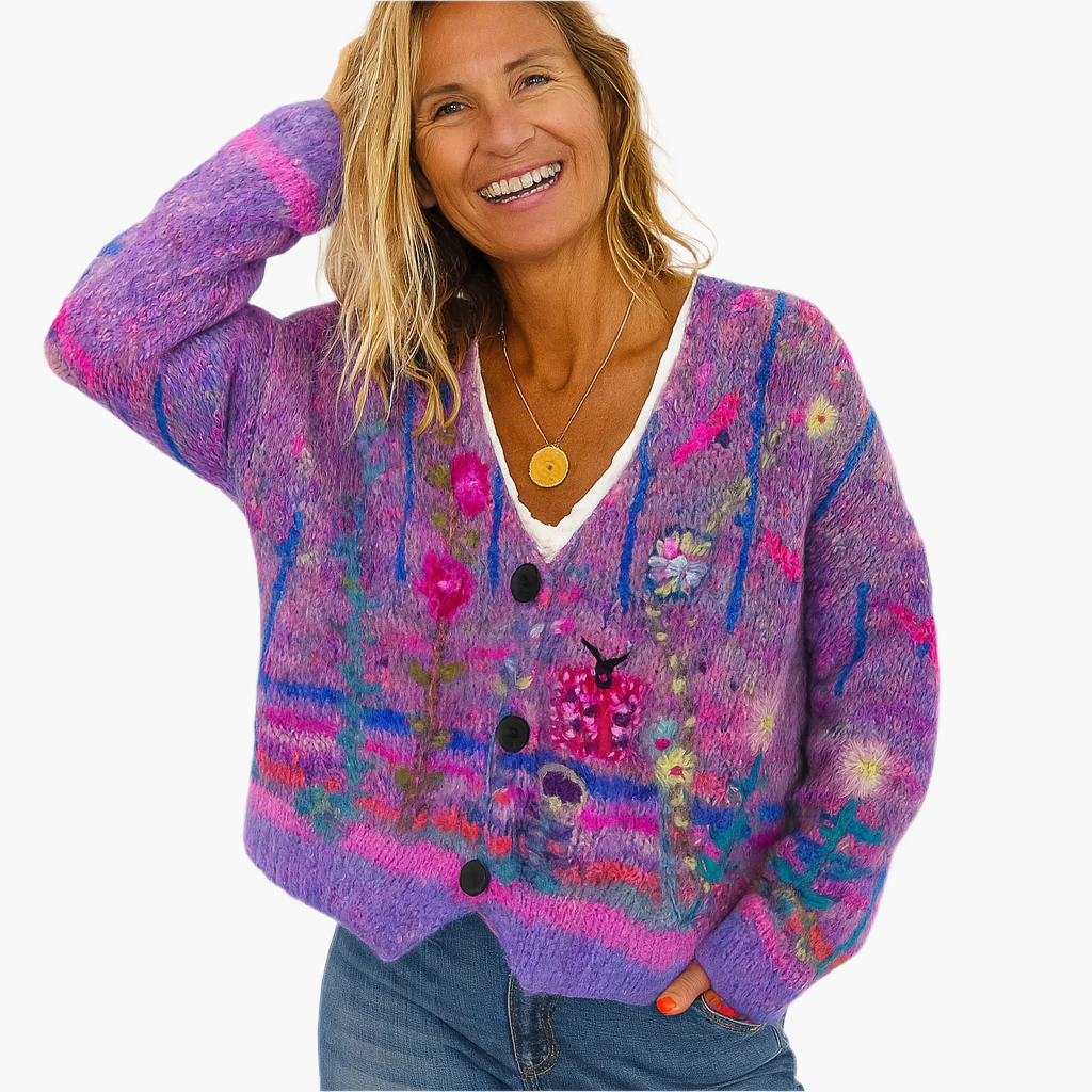 Damen Strickjacke im Boho-Stil – Gemütlicher Cardigan mit farbenfrohen Blumenmuster für Freizeit und Alltag