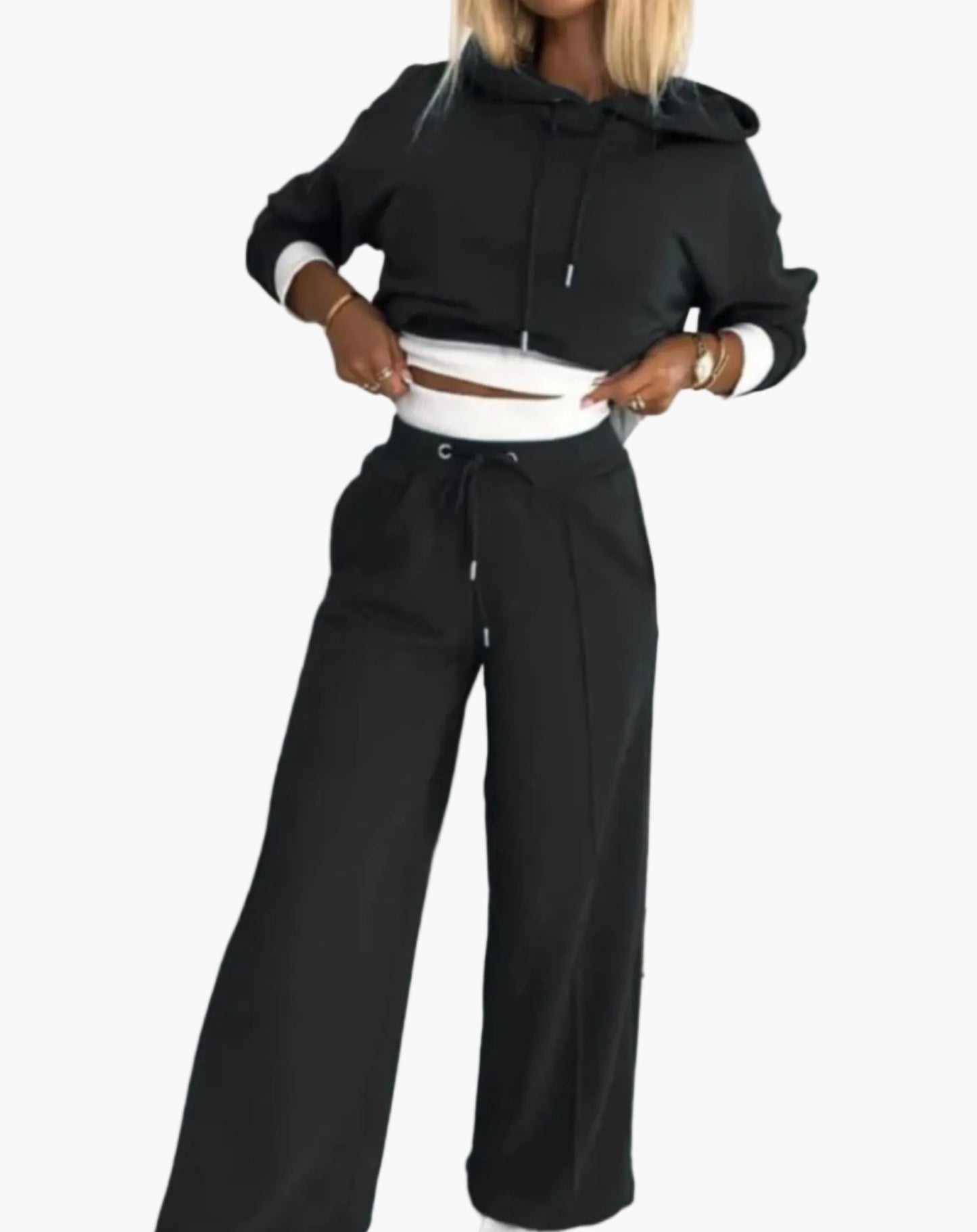 Damen Freizeit-Trainingsanzug 2-teilig mit Kapuzenpullover und Weitbein-Hose, Loungewear Set