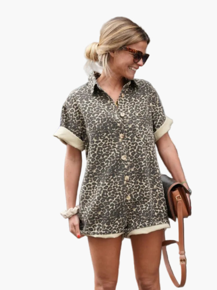 Damen Sommer-Overall mit Leopardenmuster – Lockerer Kurzarm-Jumpsuit, ideal für Urlaub und Freizeit