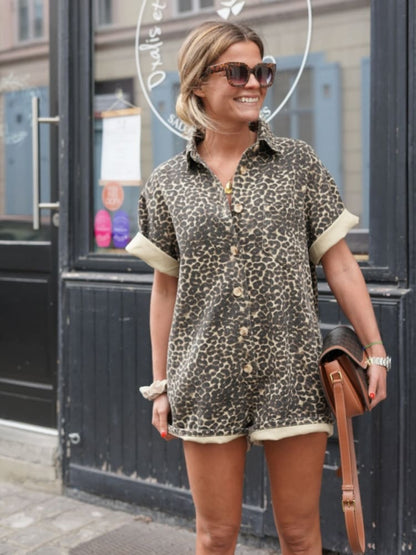 Damen Sommer-Overall mit Leopardenmuster – Lockerer Kurzarm-Jumpsuit, ideal für Urlaub und Freizeit