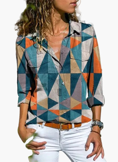 Damen Geometrische Casual Bluse – Modische Freizeit Hemdbluse für Alltag und Büro