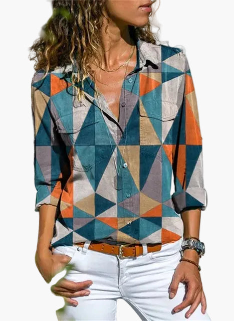 Damen Geometrische Casual Bluse – Modische Freizeit Hemdbluse für Alltag und Büro