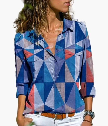 Damen Geometrische Casual Bluse – Modische Freizeit Hemdbluse für Alltag und Büro