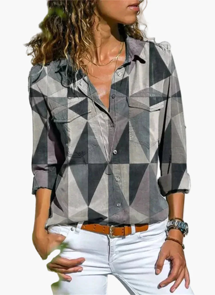 Damen Geometrische Casual Bluse – Modische Freizeit Hemdbluse für Alltag und Büro