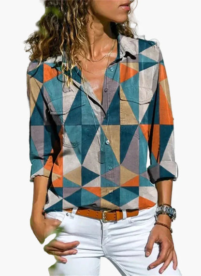 Damen Geometrische Casual Bluse – Modische Freizeit Hemdbluse für Alltag und Büro