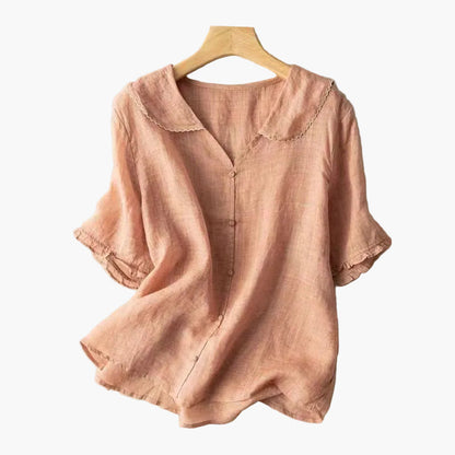 Damen Veganes Leinenbluse im Vintage-Stil mit Bubikragen – Luftige Freizeitbluse für Alltag & Büro
