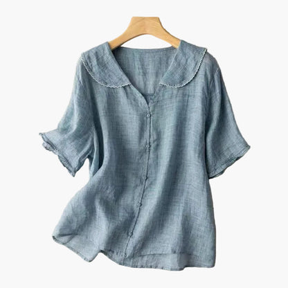 Damen Veganes Leinenbluse im Vintage-Stil mit Bubikragen – Luftige Freizeitbluse für Alltag & Büro