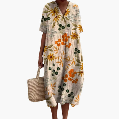 Damen Sommerkleid Freizeitkleid mit Blumenmuster und V-Ausschnitt – Lockeres Maxikleid für Urlaub, Strand & Alltag