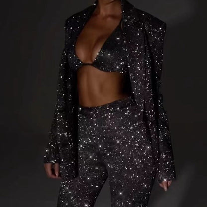 Linda – Glänzendes Damenanzug-Set mit Blazer und geraden Hosen
