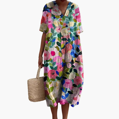 Damen Sommerkleid Freizeitkleid mit Blumenmuster und V-Ausschnitt – Lockeres Maxikleid für Urlaub, Strand & Alltag