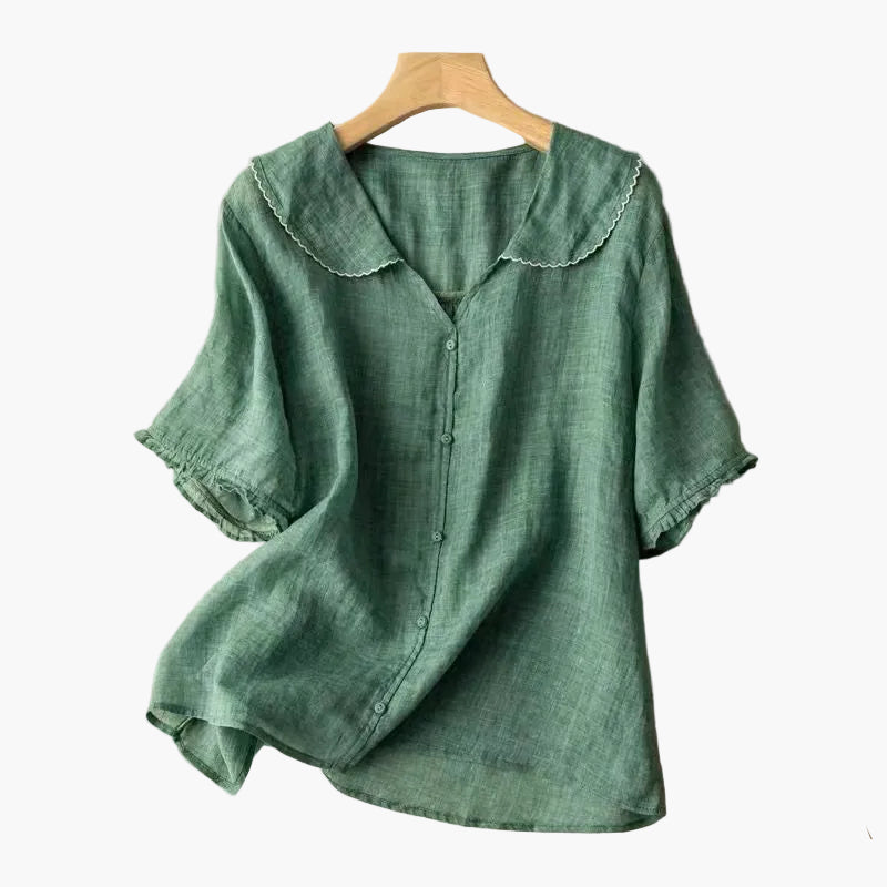 Damen Veganes Leinenbluse im Vintage-Stil mit Bubikragen – Luftige Freizeitbluse für Alltag & Büro