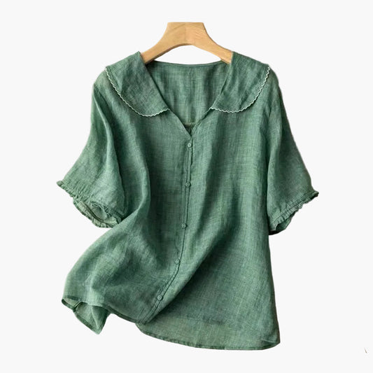Damen Veganes Leinenbluse im Vintage-Stil mit Bubikragen – Luftige Freizeitbluse für Alltag & Büro