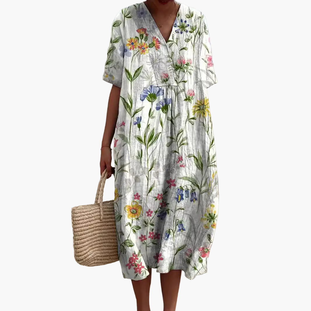 Damen Sommerkleid Freizeitkleid mit Blumenmuster und V-Ausschnitt – Lockeres Maxikleid für Urlaub, Strand & Alltag