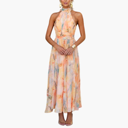 Damen Maxikleid Elegant Wasserfarbenmuster – Perfekt für Sommer und festliche Anlässe
