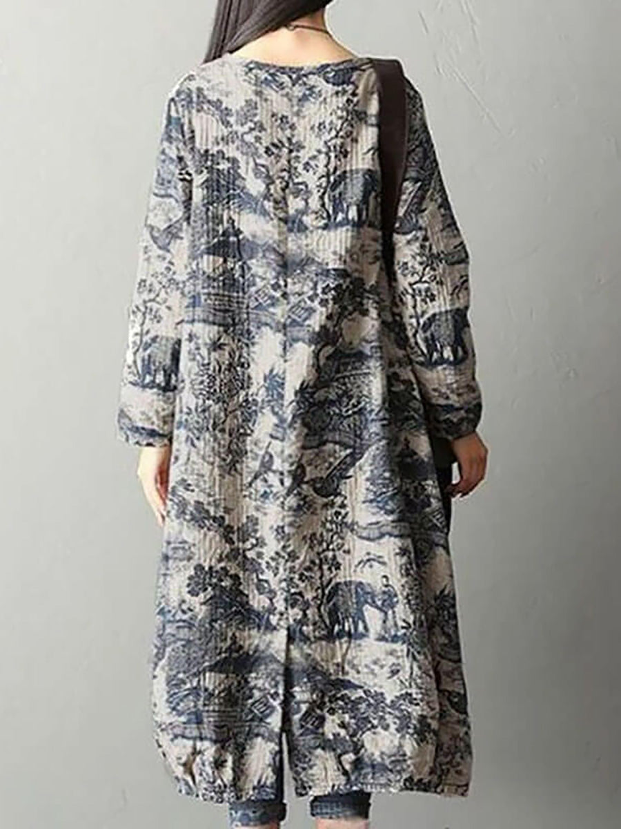 Damen Vintage Langarm Baumwollkleid mit Print – Lockeres Maxikleid für Herbst und Winter