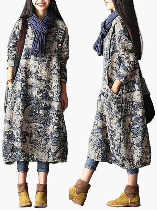 Damen Vintage Langarm Baumwollkleid mit Print – Lockeres Maxikleid für Herbst und Winter