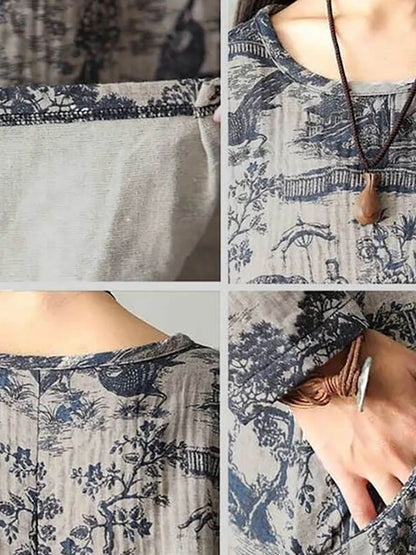 Damen Vintage Langarm Baumwollkleid mit Print – Lockeres Maxikleid für Herbst und Winter