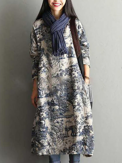 Damen Vintage Langarm Baumwollkleid mit Print – Lockeres Maxikleid für Herbst und Winter