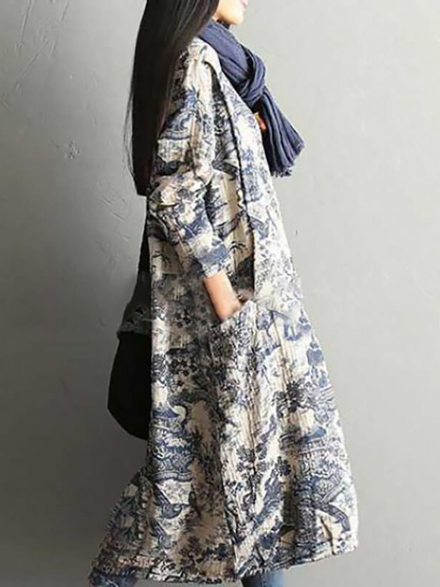 Damen Vintage Langarm Baumwollkleid mit Print – Lockeres Maxikleid für Herbst und Winter