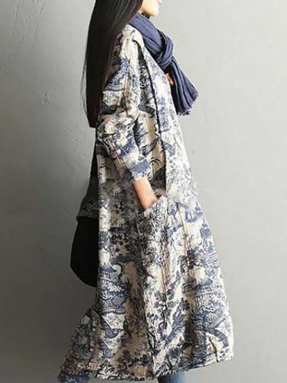 Damen Vintage Langarm Baumwollkleid mit Print – Lockeres Maxikleid für Herbst und Winter
