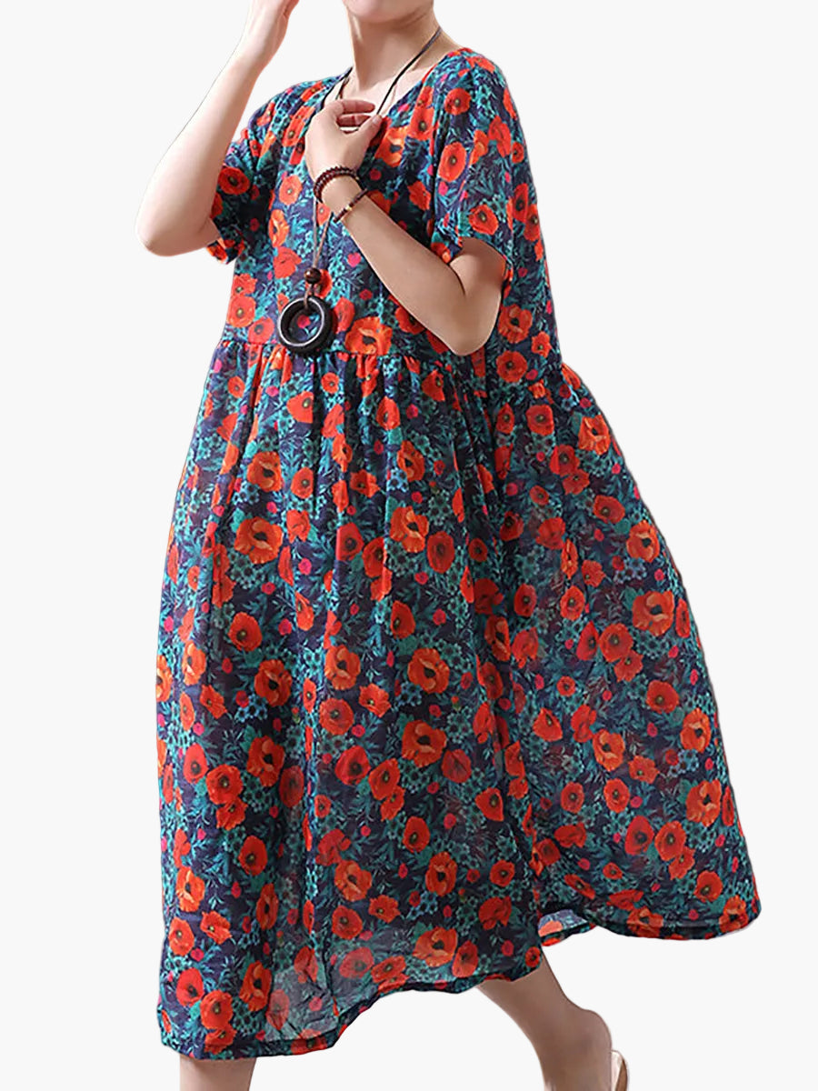 Damen Sommer Midikleid mit Blumenmuster, lockerer Boho-Stil, ideal für Freizeit und Urlaub