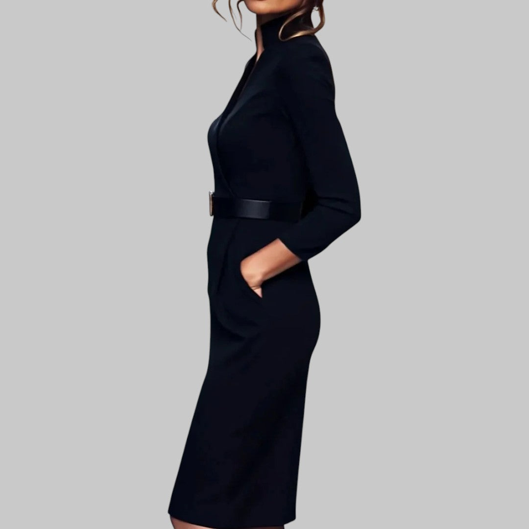 Damen Etuikleid für Büro und Abend – Elegantes Midi-Kleid mit Gürtel und Stehkragen – Business & Festlich