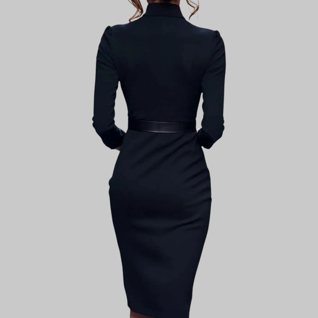 Damen Etuikleid für Büro und Abend – Elegantes Midi-Kleid mit Gürtel und Stehkragen – Business & Festlich