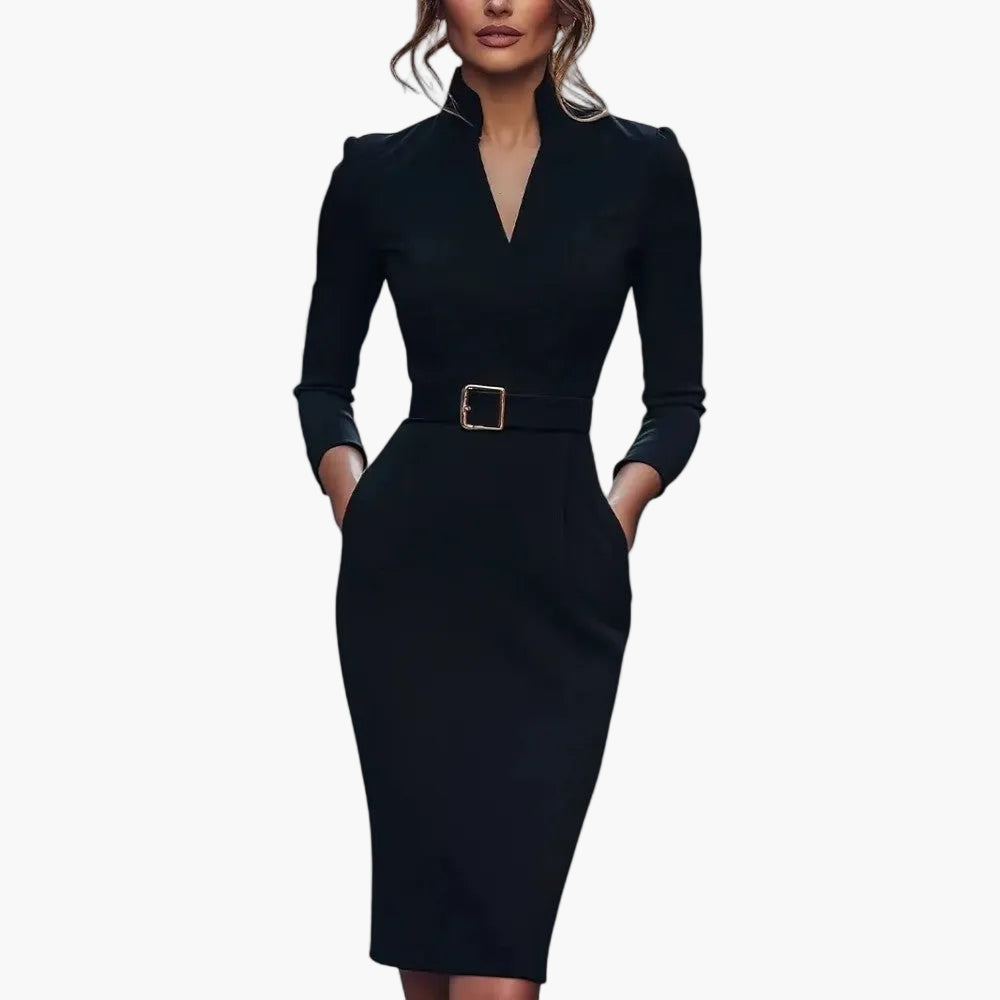 Damen Etuikleid für Büro und Abend – Elegantes Midi-Kleid mit Gürtel und Stehkragen – Business & Festlich