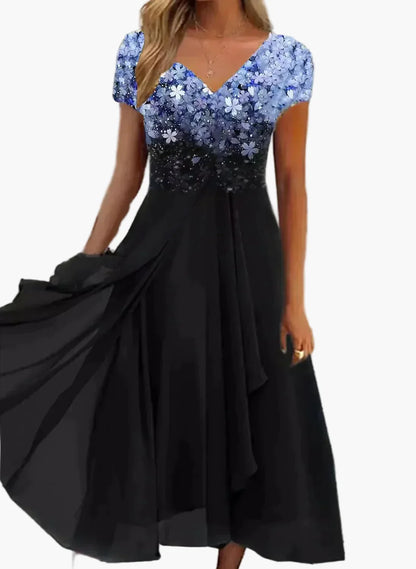 Damen Abendkleid Elegant Chiffon Maxikleid mit Blumenmuster – Perfekt für festliche Anlässe & Partys