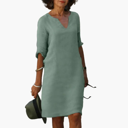 Damen Kleid mit V-Ausschnitt und 3/4-Ärmeln – Eleganter Freizeit- und Alltagsstil
