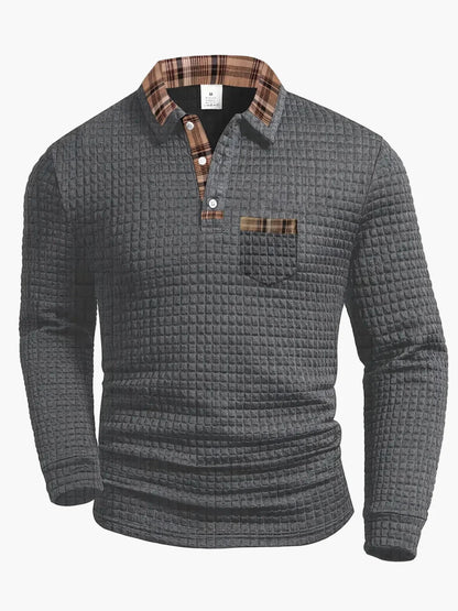 Herren Langarm Freizeitshirt im Waffelmuster mit Karodetail – Modernes Polo für Alltag und Freizeit