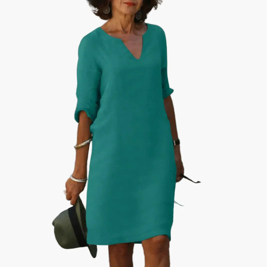 Damen Kleid mit V-Ausschnitt und 3/4-Ärmeln – Eleganter Freizeit- und Alltagsstil