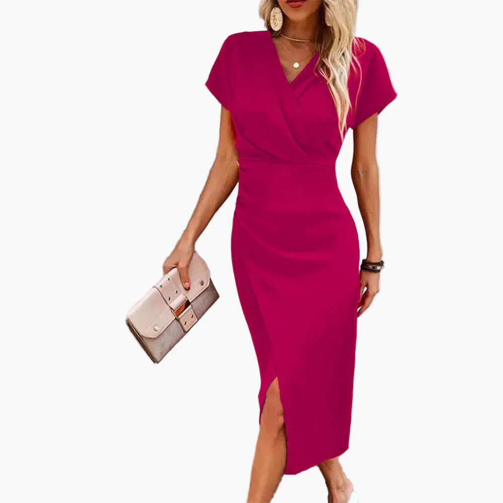 Damen Midikleid mit V-Ausschnitt – Elegantes Freizeitkleid im Wickelstil, Perfekt für Alltag & Events