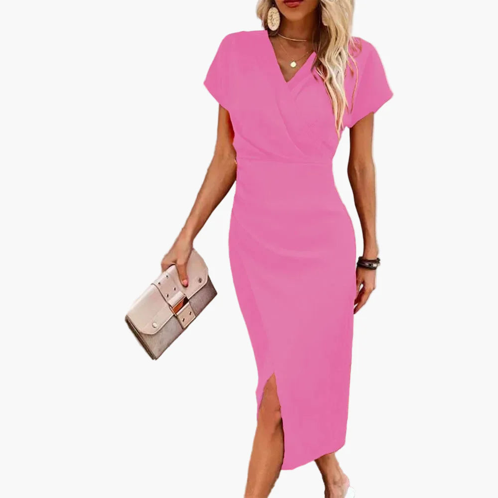 Damen Midikleid mit V-Ausschnitt – Elegantes Freizeitkleid im Wickelstil, Perfekt für Alltag & Events