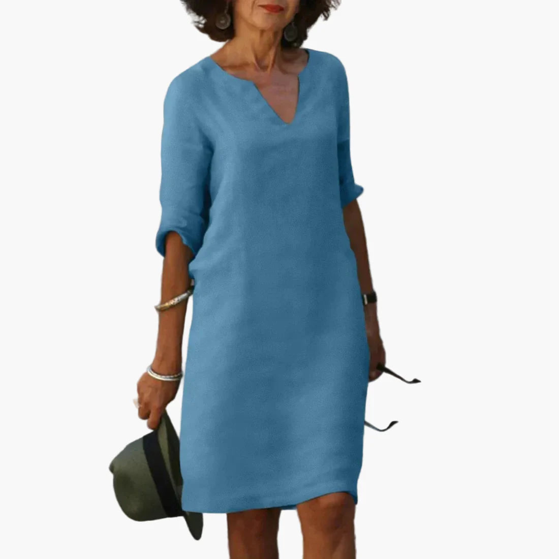 Damen Kleid mit V-Ausschnitt und 3/4-Ärmeln – Eleganter Freizeit- und Alltagsstil
