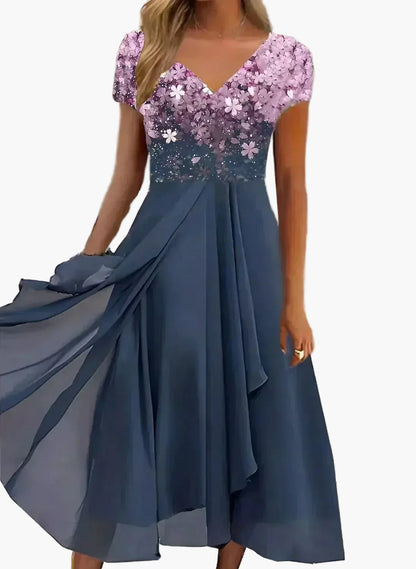 Damen Abendkleid Elegant Chiffon Maxikleid mit Blumenmuster – Perfekt für festliche Anlässe & Partys