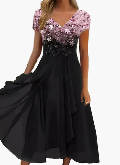 Damen Abendkleid Elegant Chiffon Maxikleid mit Blumenmuster – Perfekt für festliche Anlässe & Partys