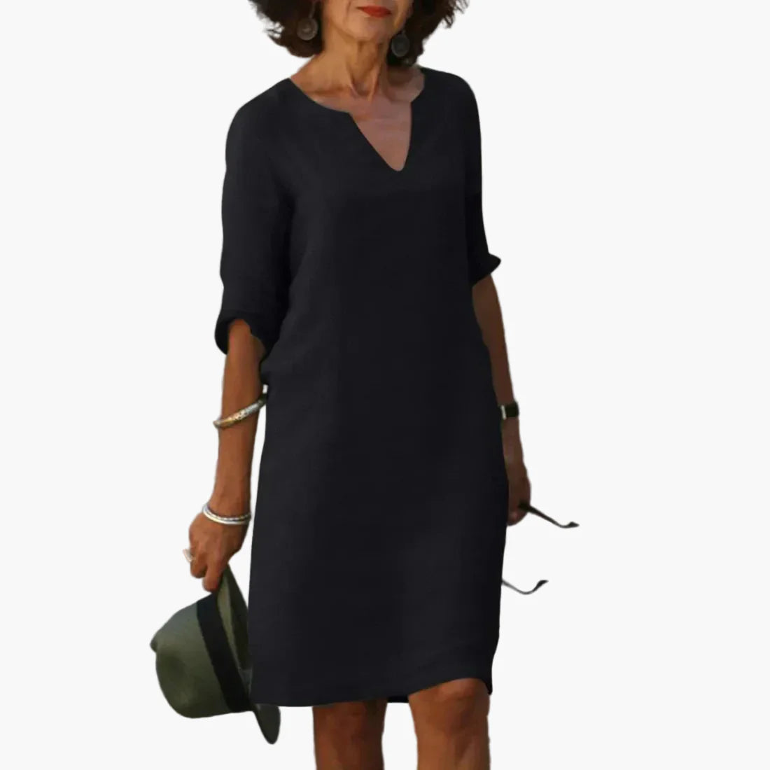 Damen Kleid mit V-Ausschnitt und 3/4-Ärmeln – Eleganter Freizeit- und Alltagsstil
