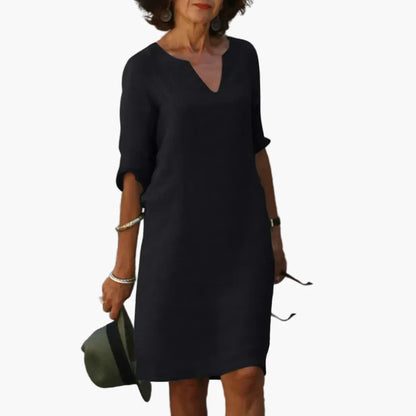 Damen Kleid mit V-Ausschnitt und 3/4-Ärmeln – Eleganter Freizeit- und Alltagsstil