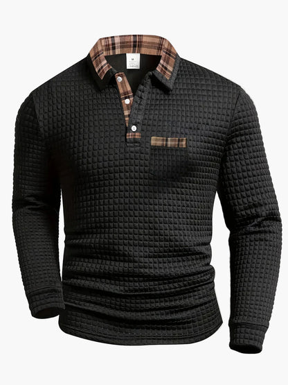 Herren Langarm Freizeitshirt im Waffelmuster mit Karodetail – Modernes Polo für Alltag und Freizeit