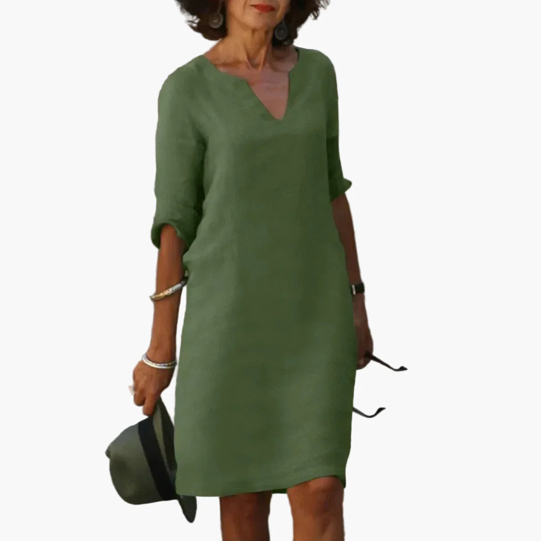 Damen Kleid mit V-Ausschnitt und 3/4-Ärmeln – Eleganter Freizeit- und Alltagsstil