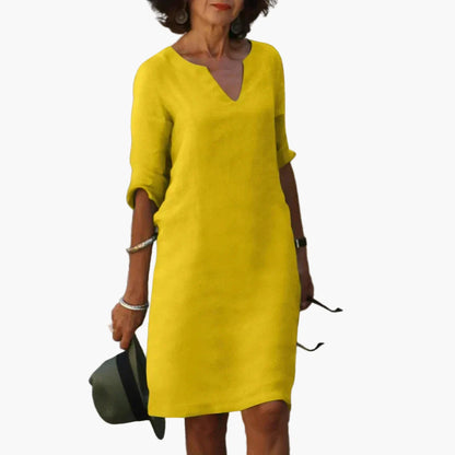 Damen Kleid mit V-Ausschnitt und 3/4-Ärmeln – Eleganter Freizeit- und Alltagsstil