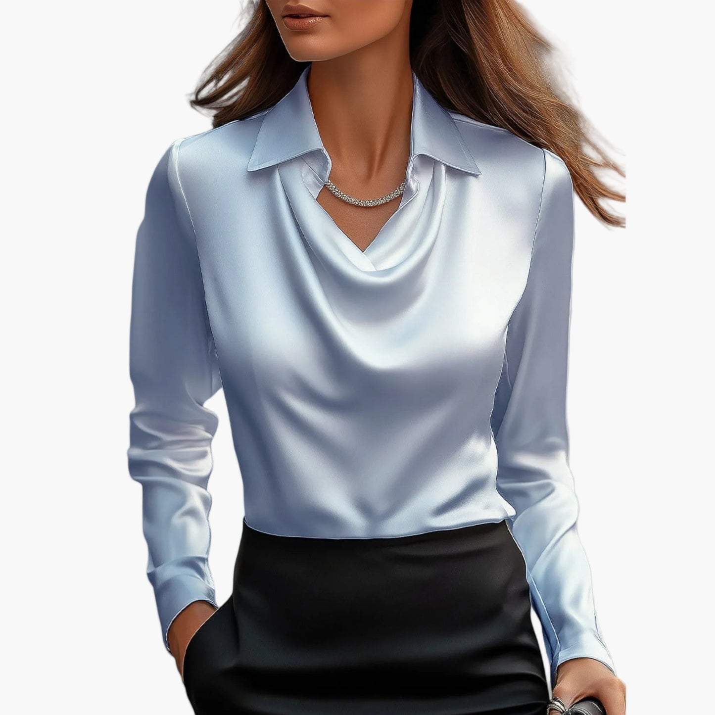 Damen Satinbluse mit Wasserfallkragen – Elegante Business- und Abendmode