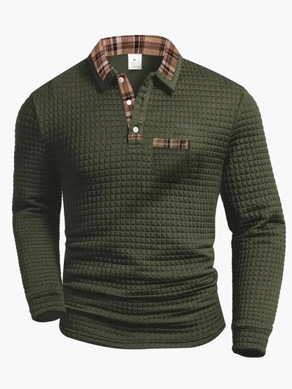 Herren Langarm Freizeitshirt im Waffelmuster mit Karodetail – Modernes Polo für Alltag und Freizeit