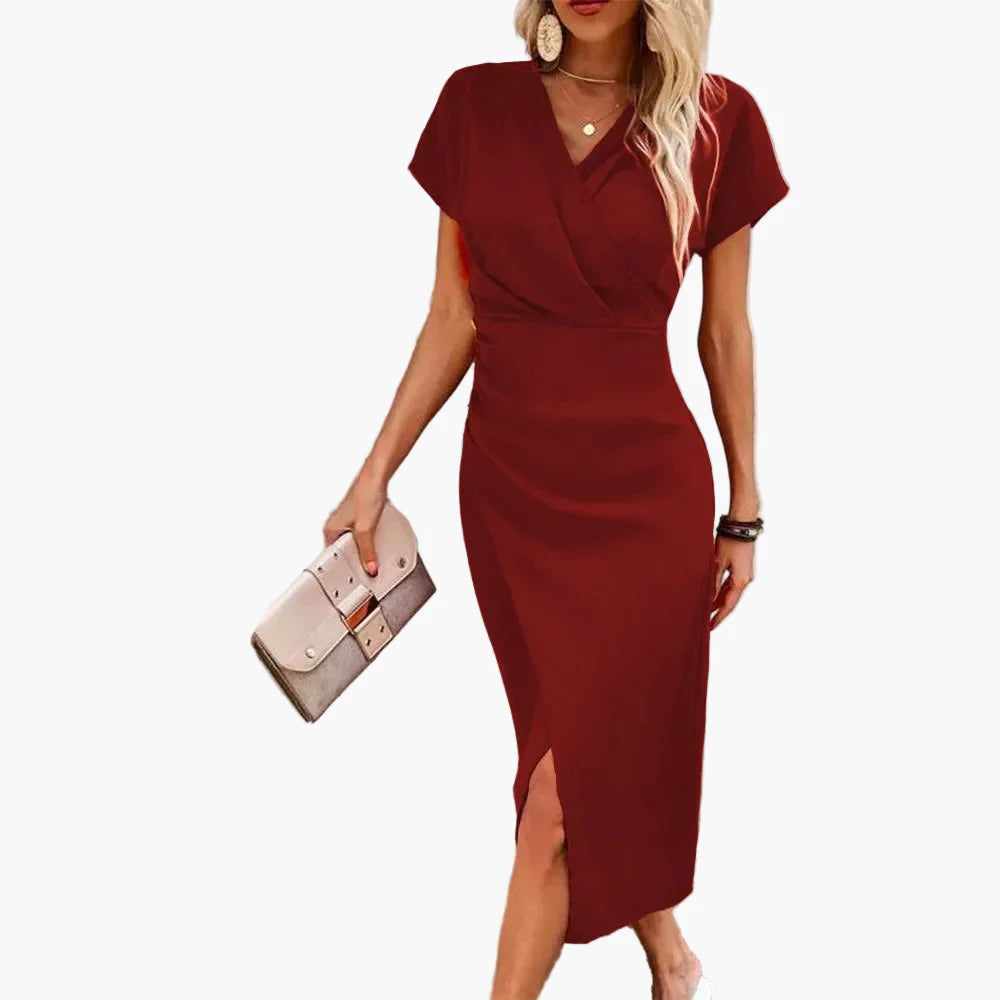 Damen Midikleid mit V-Ausschnitt – Elegantes Freizeitkleid im Wickelstil, Perfekt für Alltag & Events