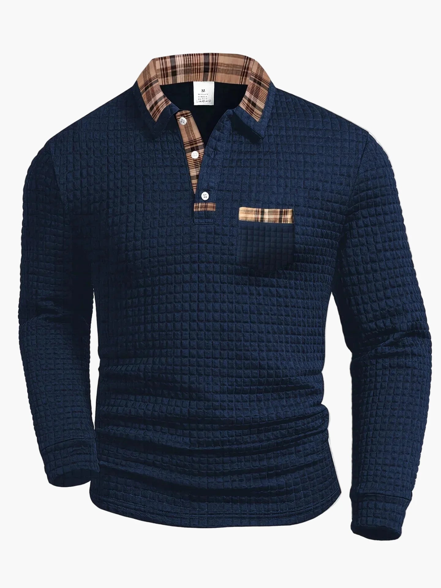 Herren Langarm Freizeitshirt im Waffelmuster mit Karodetail – Modernes Polo für Alltag und Freizeit